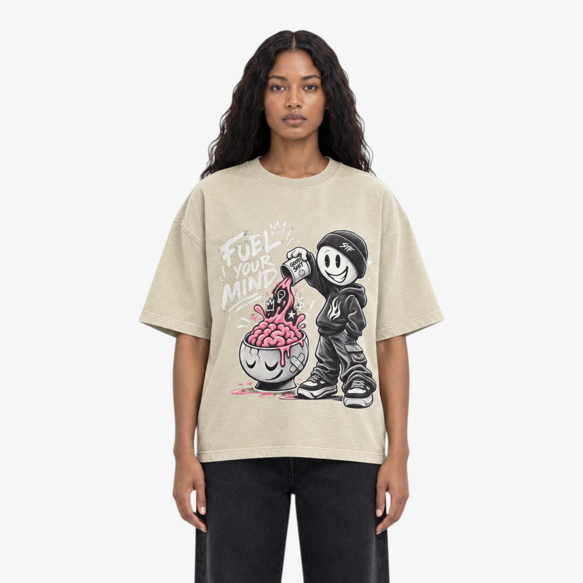 STF Fuel Your Mind washed cream boxy oversized T-shirt female front view