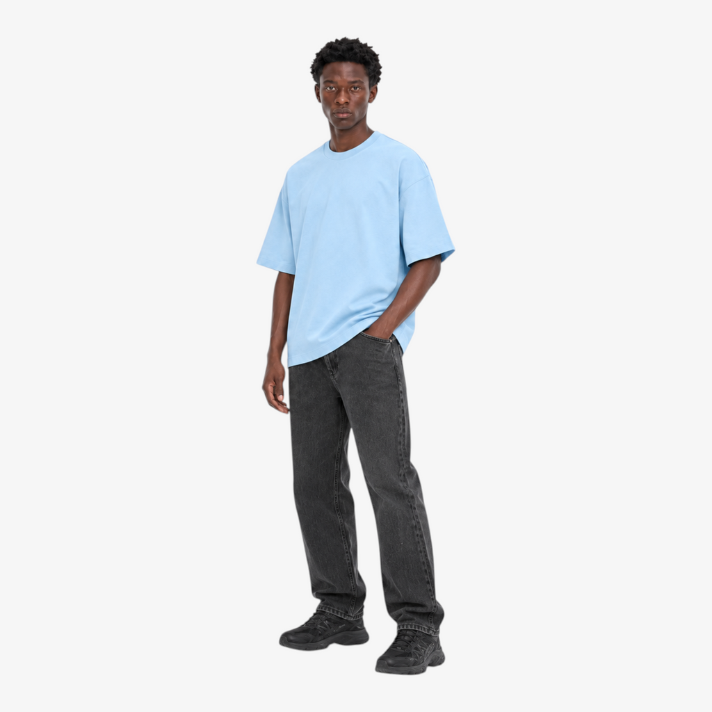 STF Leroy–Prince light blue oversized T-shirt — model three-quarter front