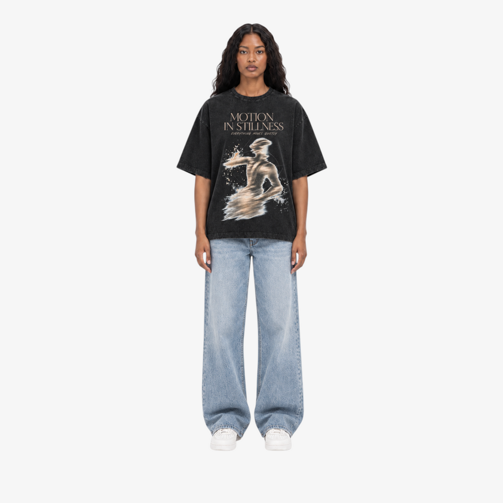 STF Motion in Stillness washed-black boxy oversized T-shirt — female front