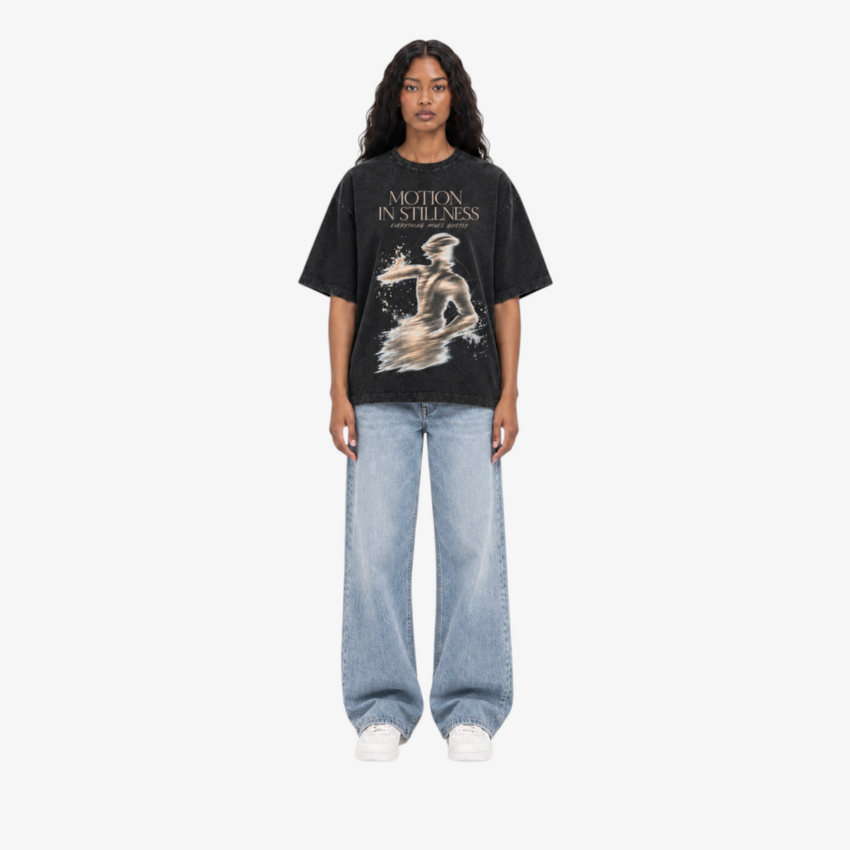 STF Motion in Stillness washed-black boxy oversized T-shirt — female front