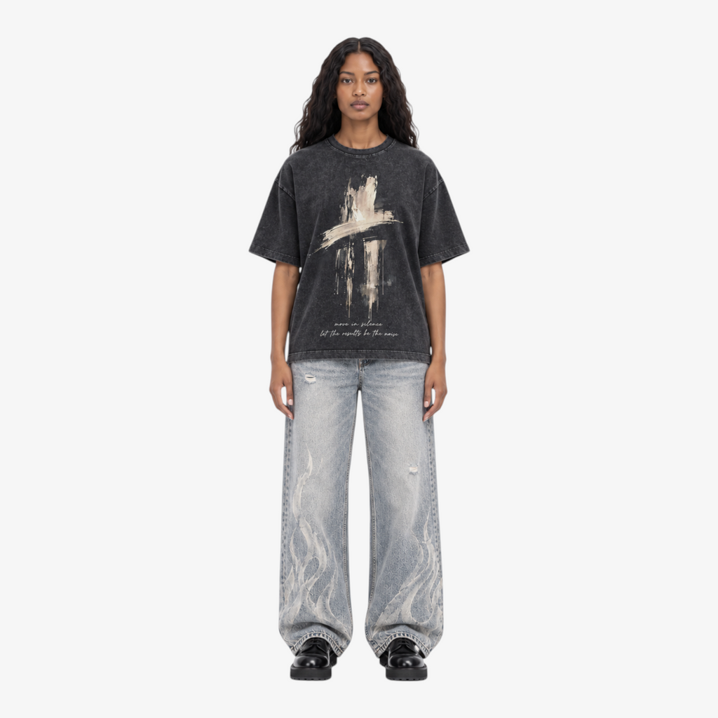 STF Move in Silence washed black graphic T-shirt — female model front