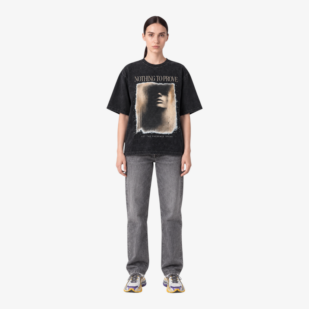 STF Nothing to Prove washed black boxy oversized T-shirt — female front