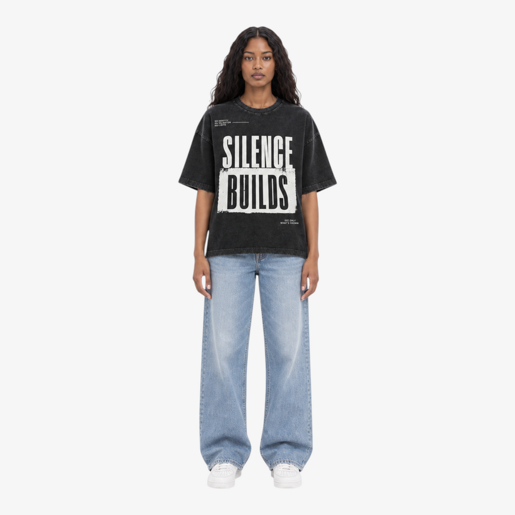 STF Silence Builds washed-black oversized T-shirt — female front