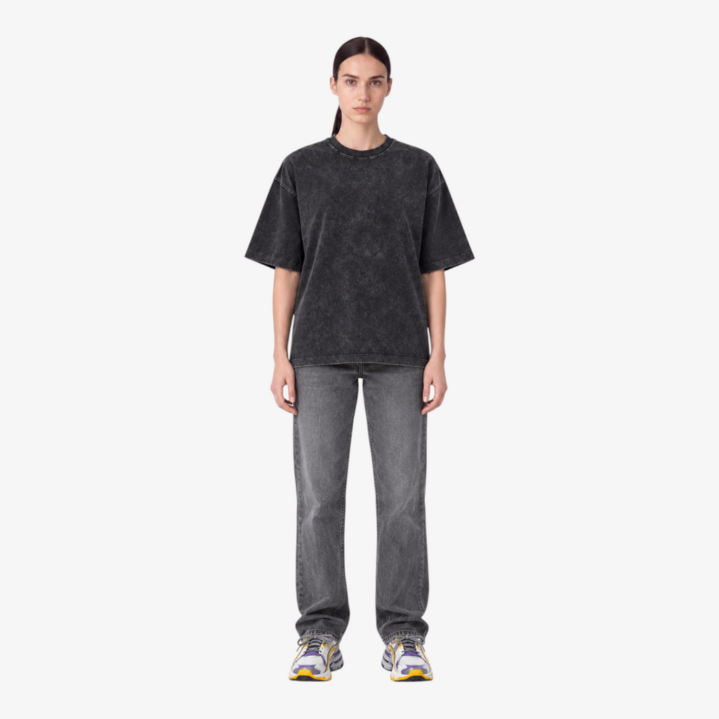 STF Spiral Graphic washed black boxy oversized T-shirt — female front