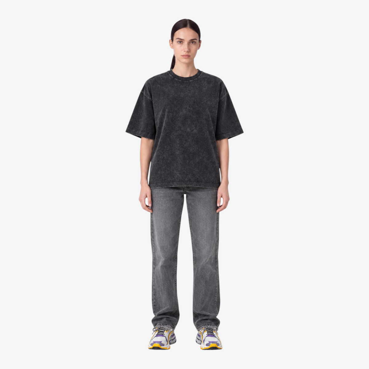 STF Spiral Graphic washed black boxy oversized T-shirt — female front