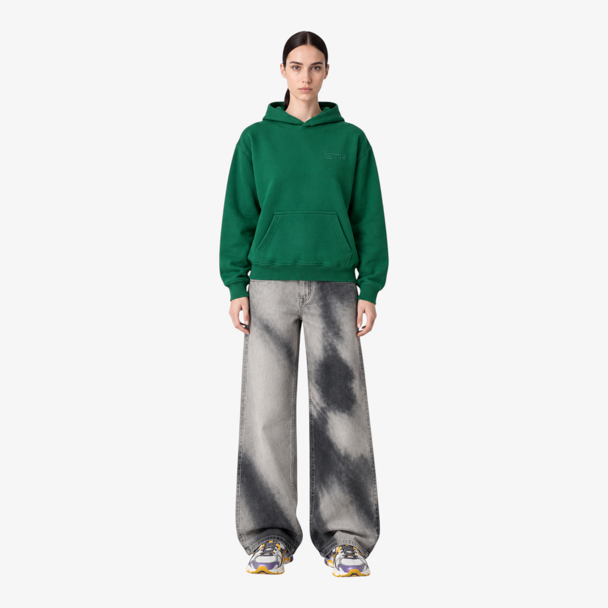 Green STF tonal oversized hoodie — Female model front
