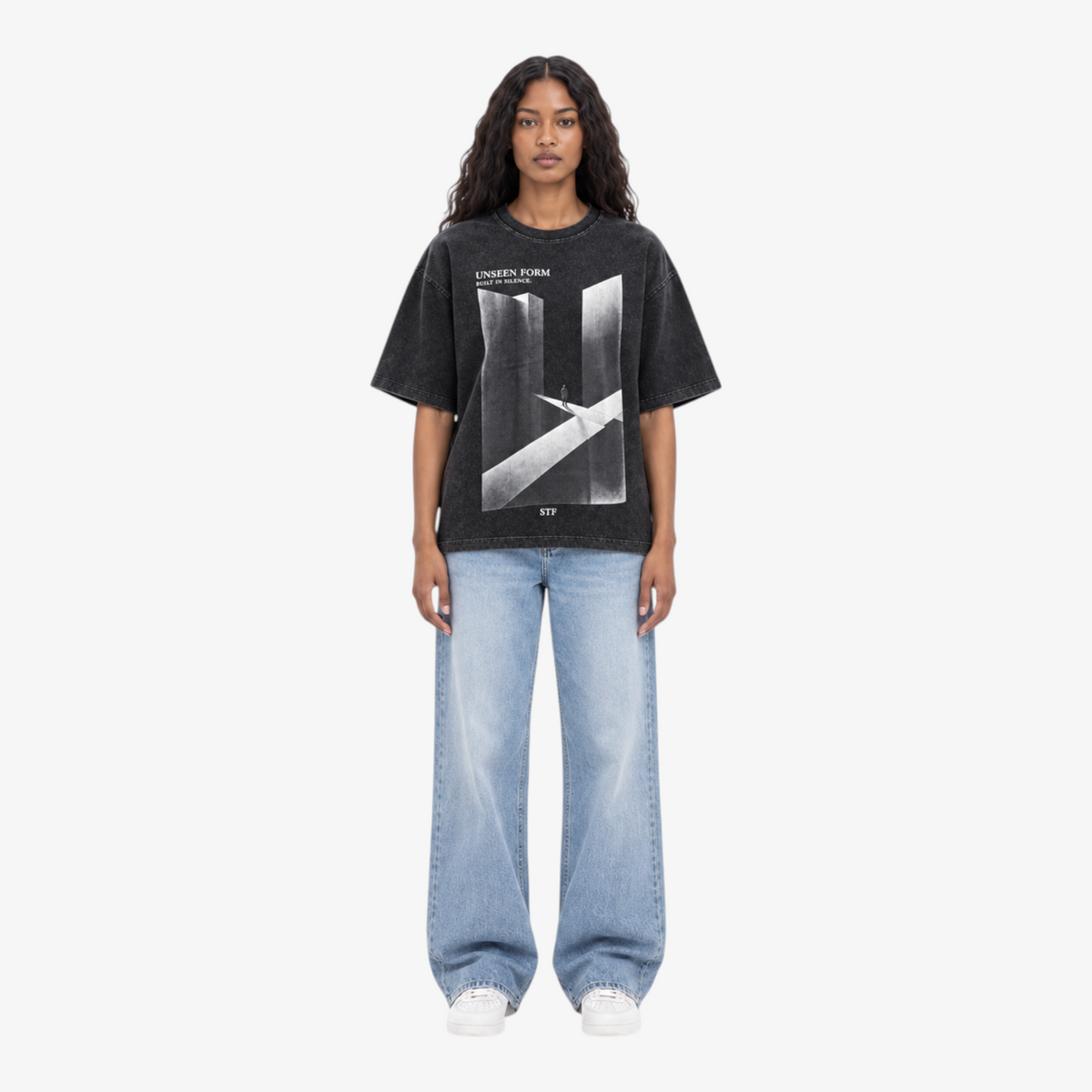 STF Unseen Form washed-black oversized T-shirt — female front