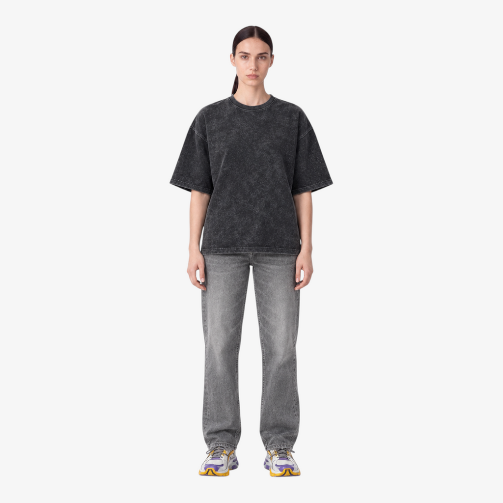 STF Urban Blaze washed black boxy oversized T-shirt — female front
