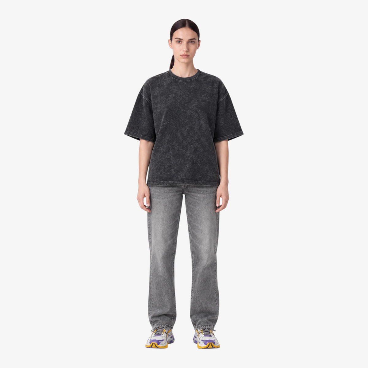 STF Urban Blaze washed black boxy oversized T-shirt — female front