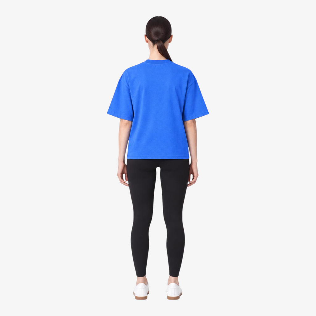 Female model wearing STF royal blue tonal embroidered T-shirt back