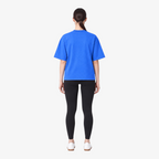 Female model wearing STF royal blue tonal embroidered T-shirt back