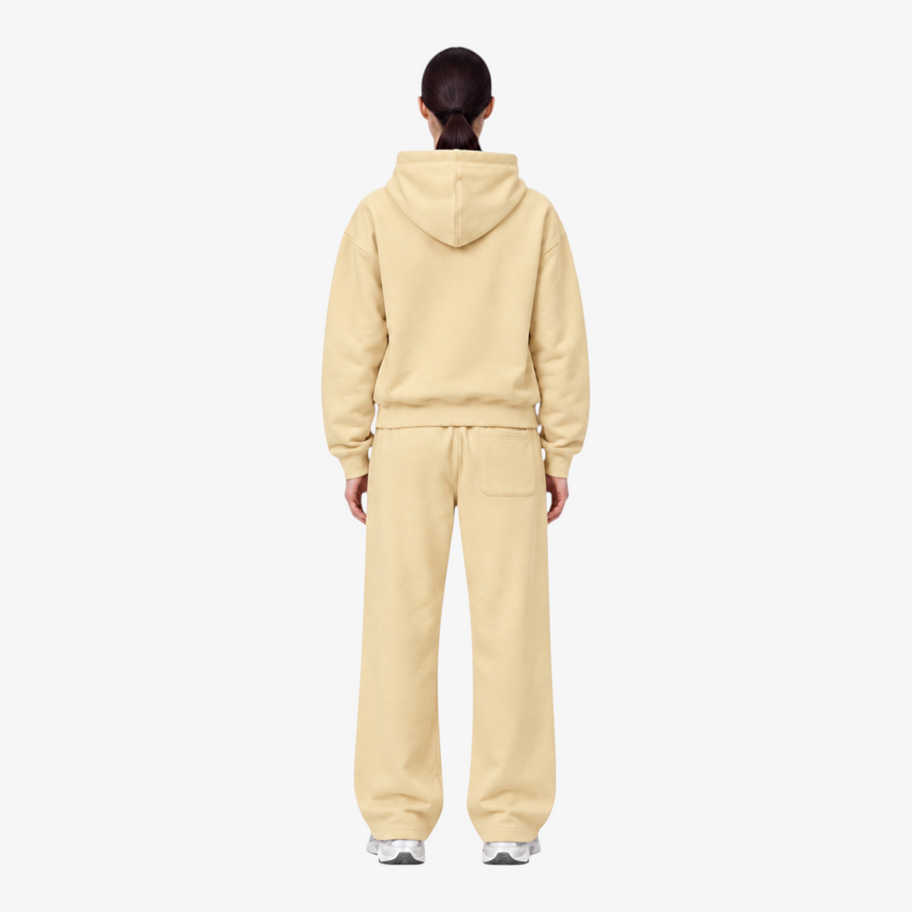 STF oversized boxy cream hoodie and trouser set — Female model back