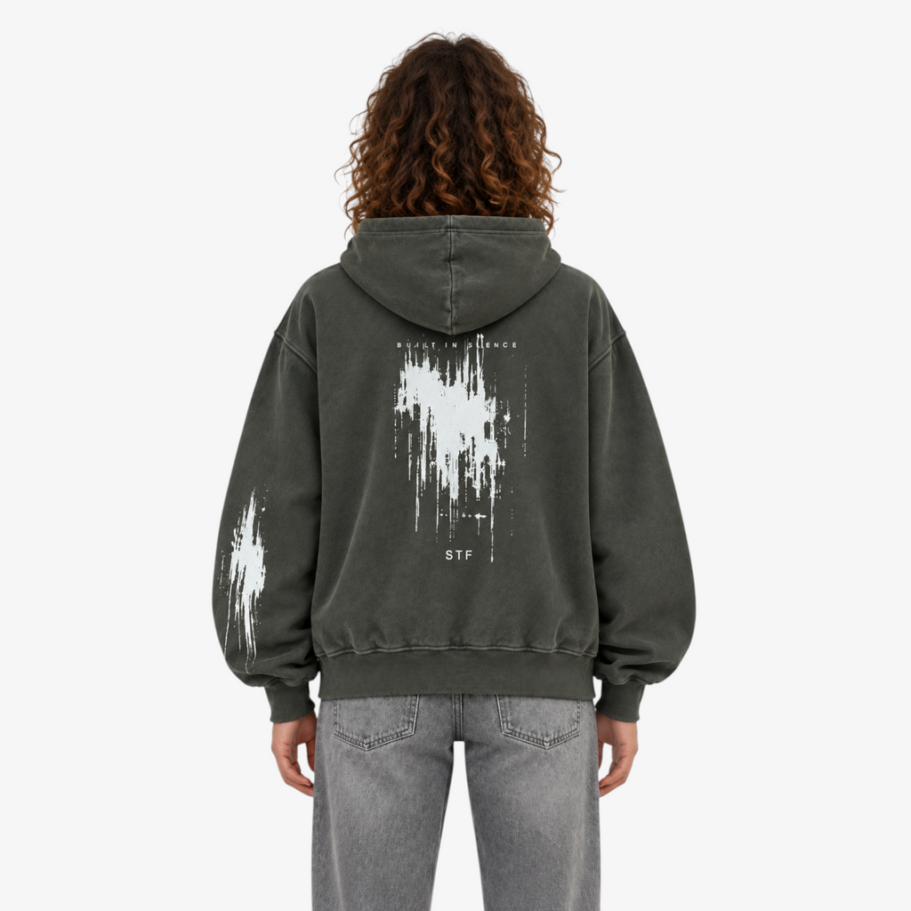 STF Built in Silence boxy oversized hoodie in washed olive-charcoal — female back