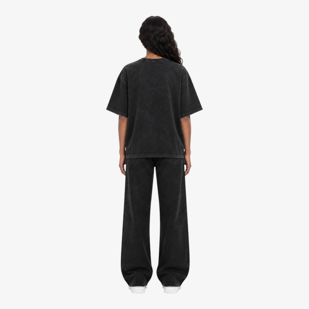 STF Burning Rose washed-black boxy oversized T-shirt — female back