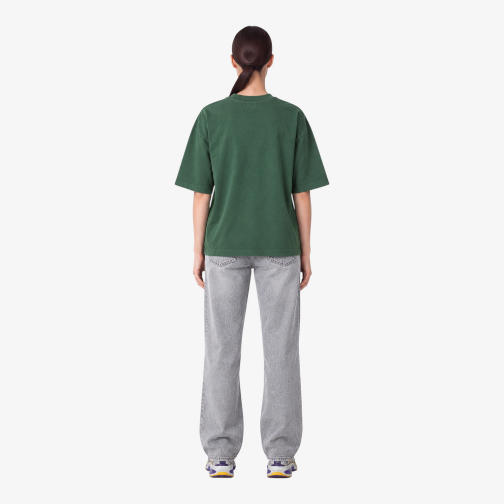 Female model wearing STF forest-green boxy oversized T-shirt back view