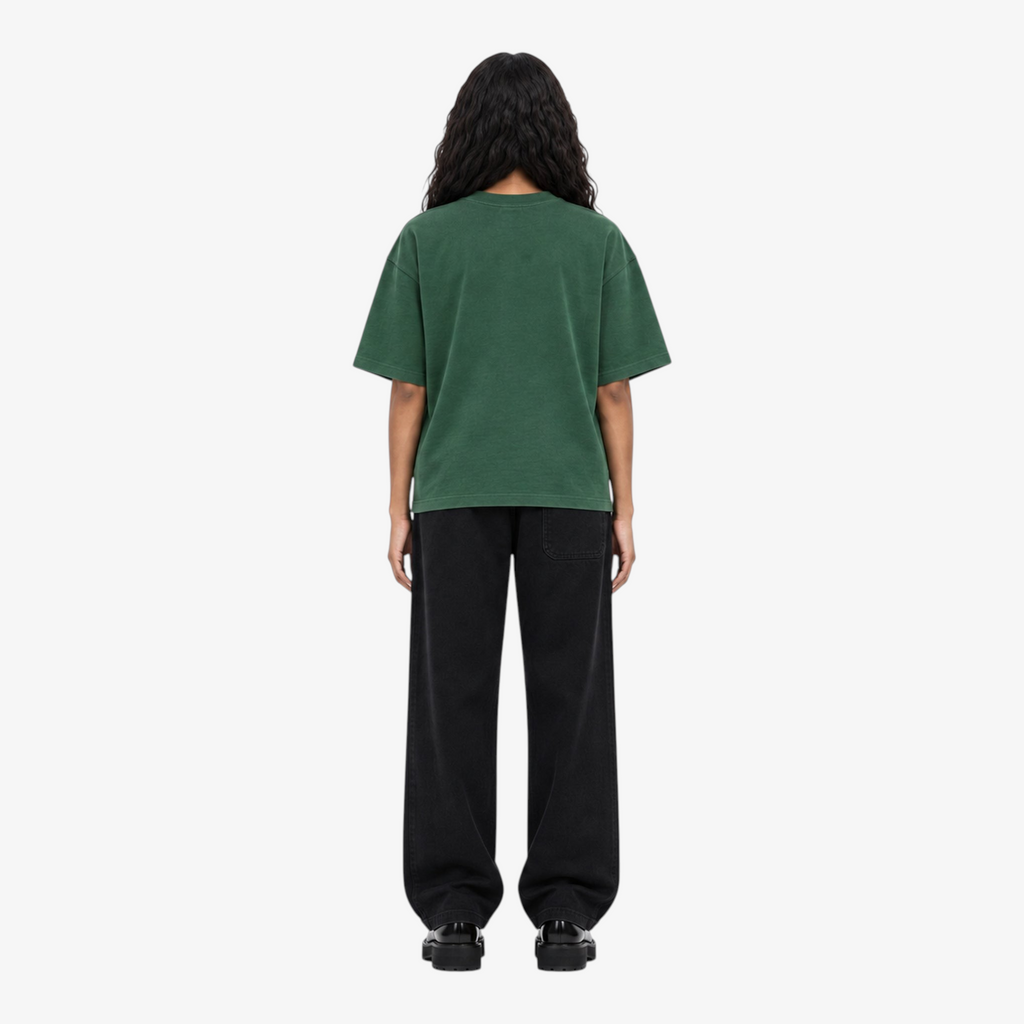 Female model wearing STF forest green flame T-shirt back