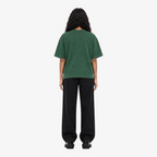 Female model wearing STF forest green flame T-shirt back