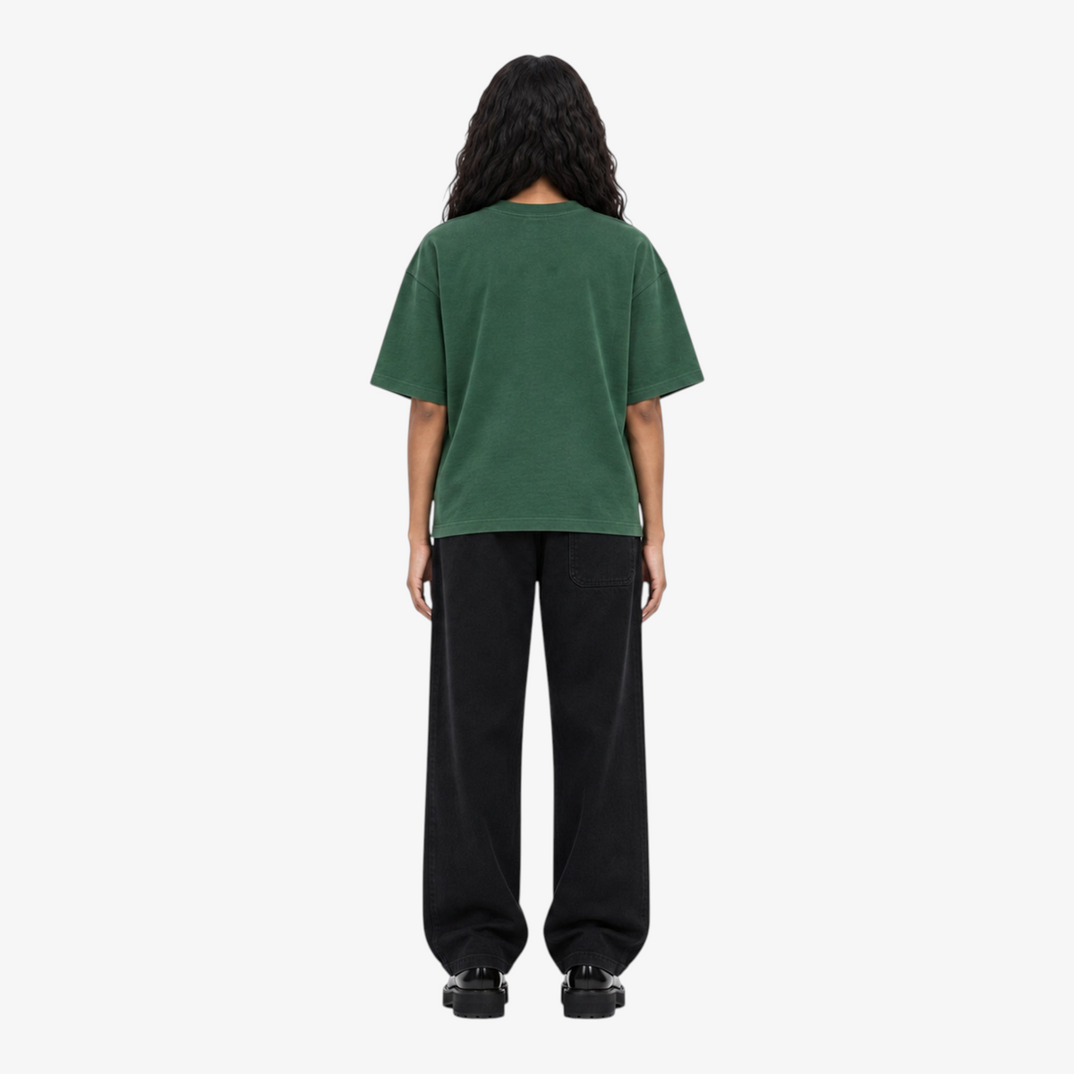 Female model wearing STF forest green flame T-shirt back