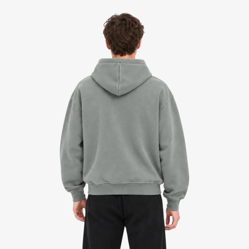STF Mineral Grey Oversized Hoodie – model back close-up