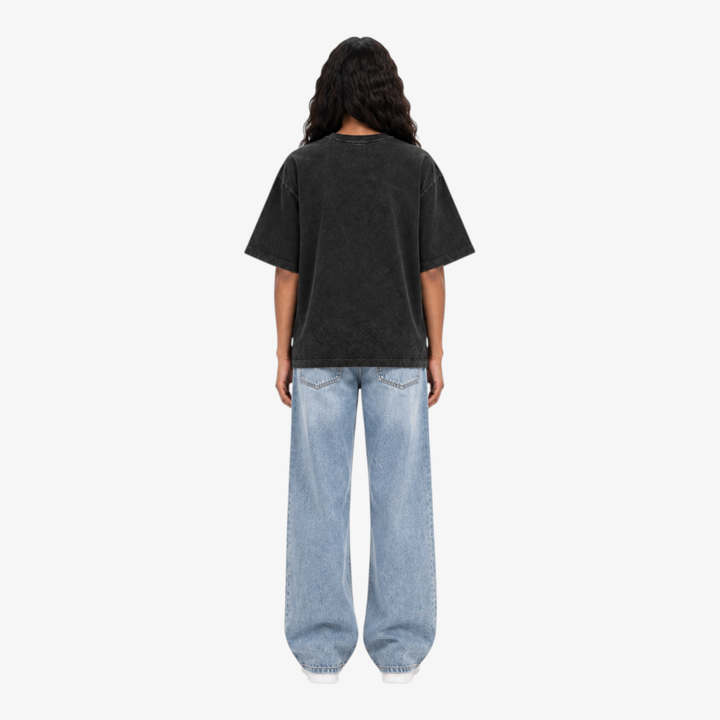 STF Motion in Stillness washed-black boxy oversized T-shirt — female back