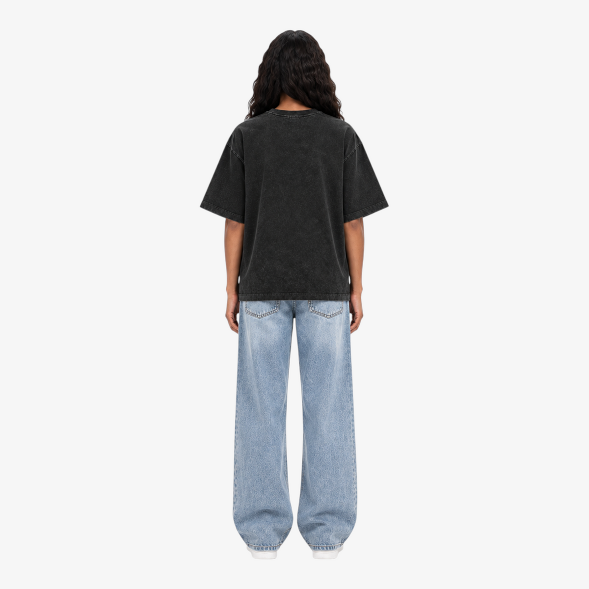 STF Motion in Stillness washed-black boxy oversized T-shirt — female back