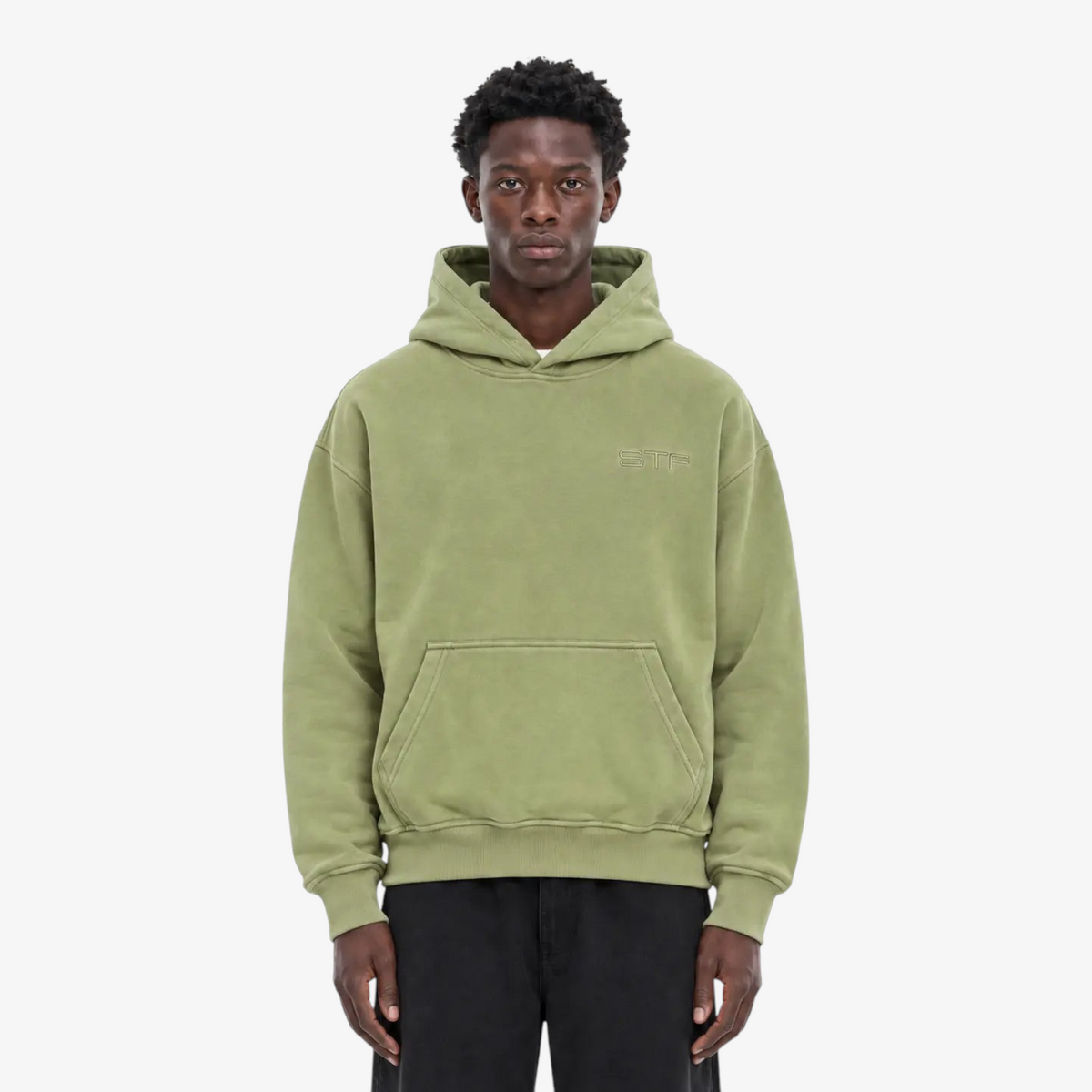 STF oversized olive hoodie fit and front detail