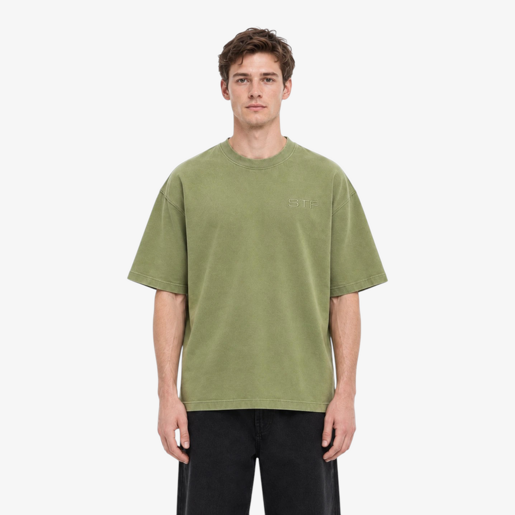 STF boxy oversized olive T-shirt front fit detail