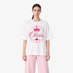 STF Olivia white oversized T-shirt with pink crown and heart graphic — model close front