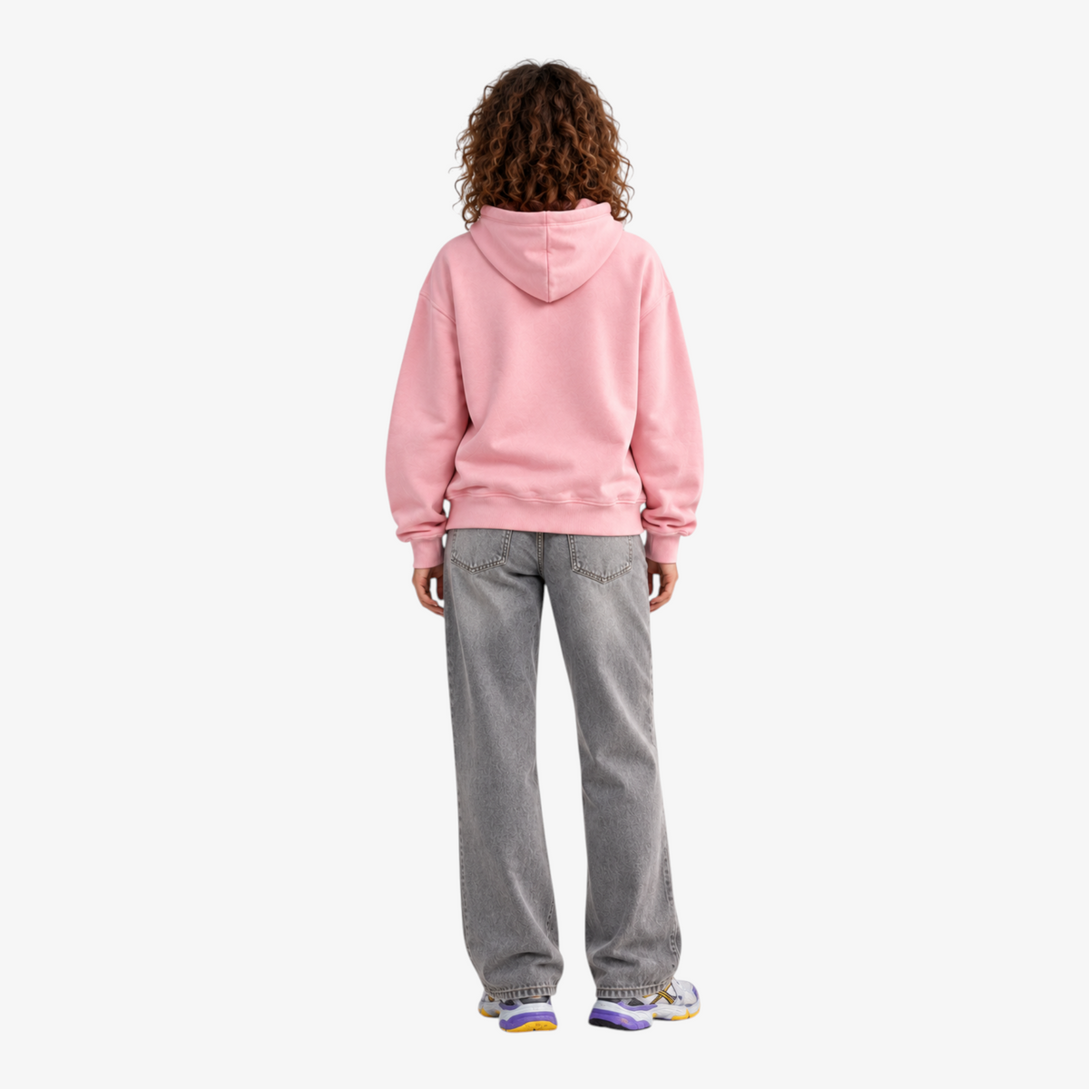 STF pink oversized boxy hoodie — female model back