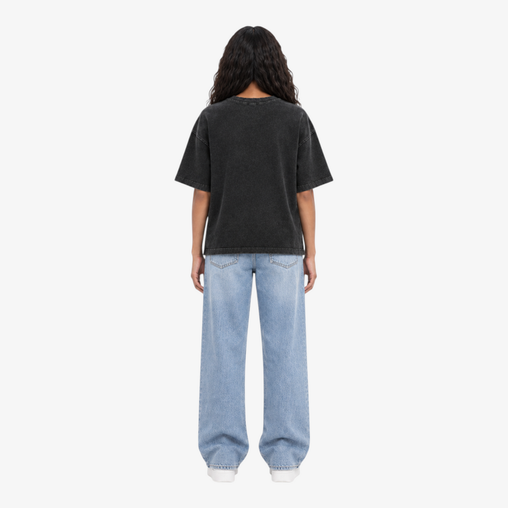 STF Silence Builds washed-black oversized T-shirt — female back