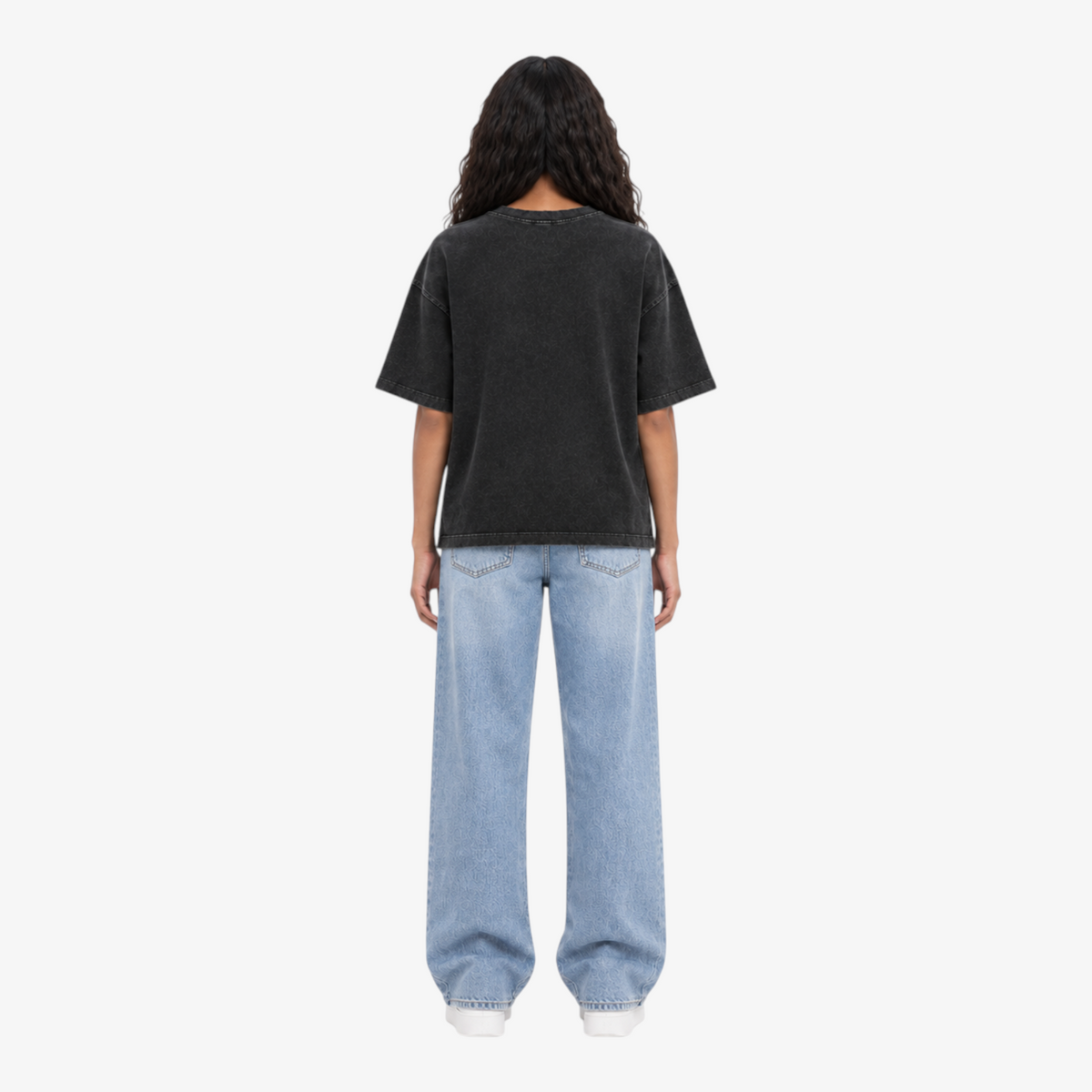 STF Silence Builds washed-black oversized T-shirt — female back