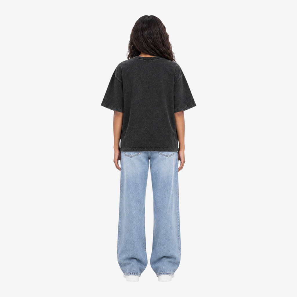 STF Unseen Form washed-black oversized T-shirt — female back