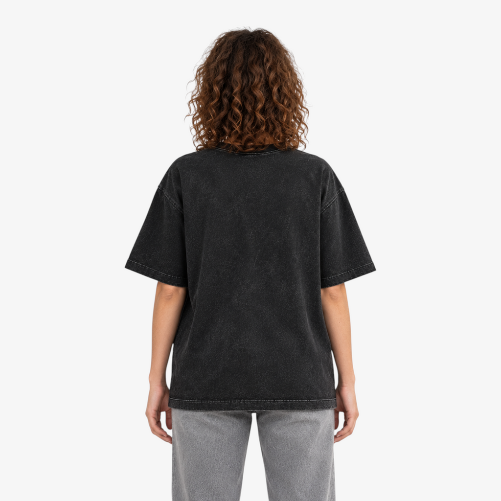 STF Weight of Time washed black boxy oversized T-shirt — female back view