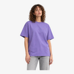 Female model wearing STF lavender T-shirt close-up