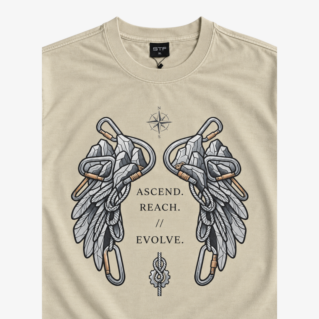 STF Ascend Reach Evolve T-shirt in washed cream — print and neckline detail