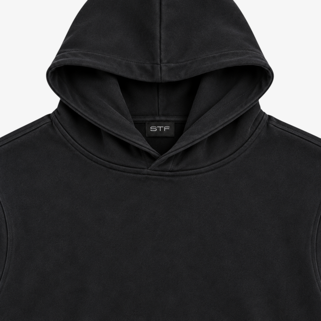 STF Black Oversized Hoodie – hood and neck label detail