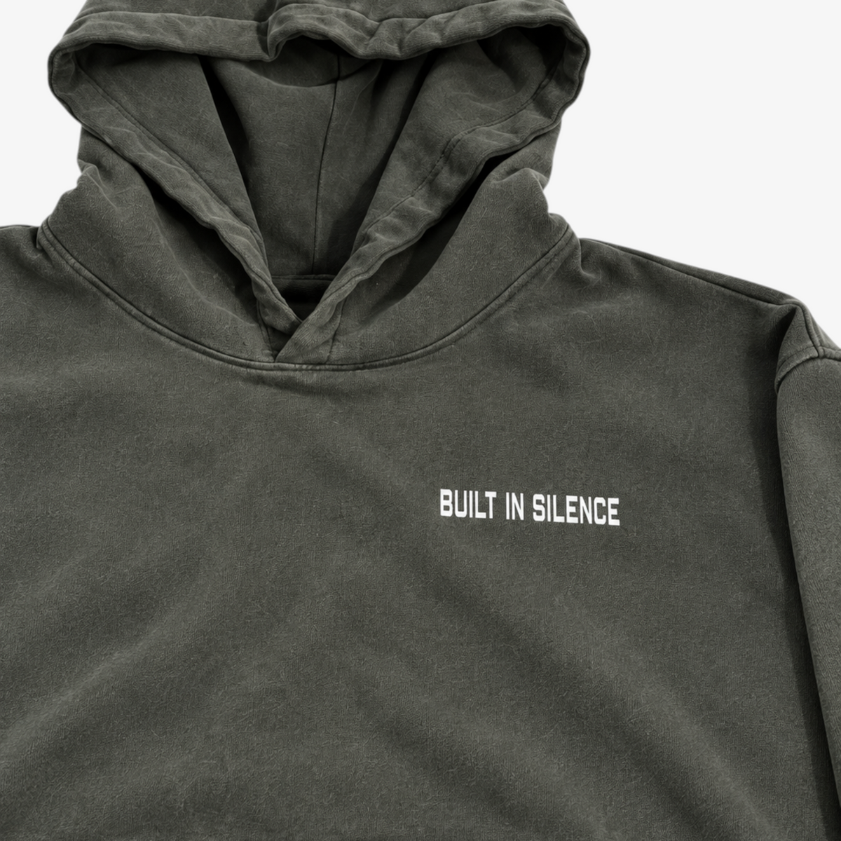 STF Built in Silence boxy oversized hoodie in washed olive-charcoal — hood chest detail