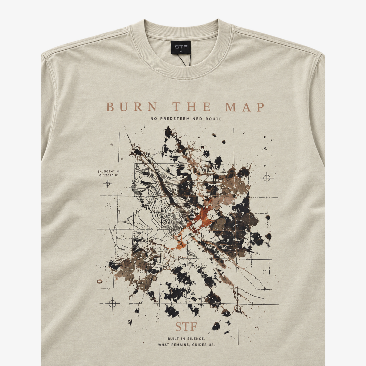 STF Burn the Map cream boxy oversized T-shirt — graphic detail