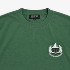 STF forest green T-shirt collar label and flame embroidery detail