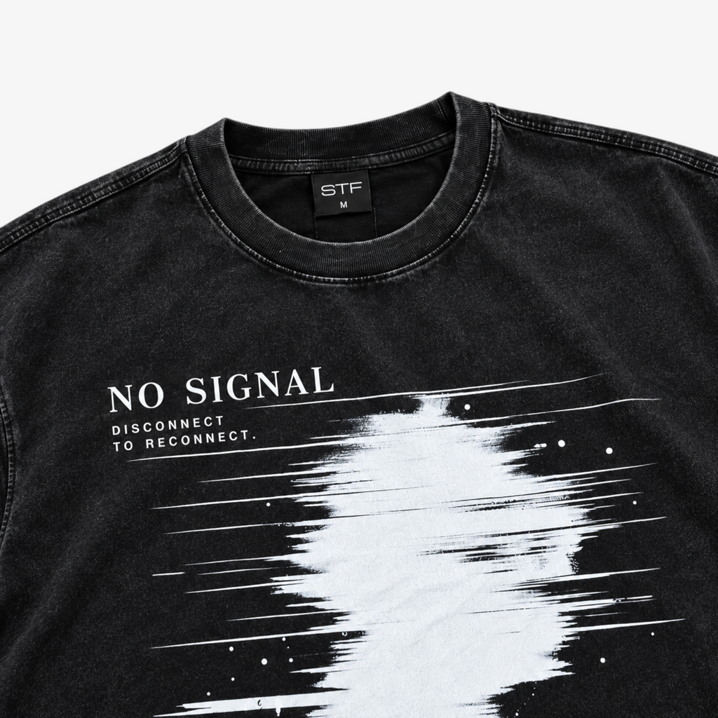 STF No Signal graphic T-shirt in washed black — Neckline and graphic print detail