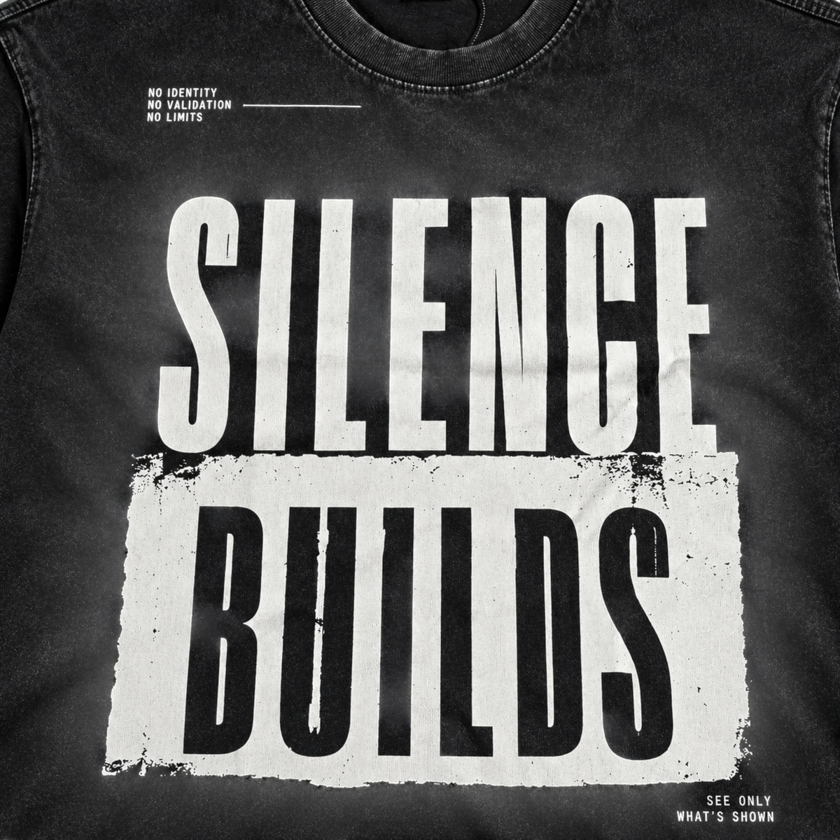 STF Silence Builds washed-black oversized T-shirt — print detail