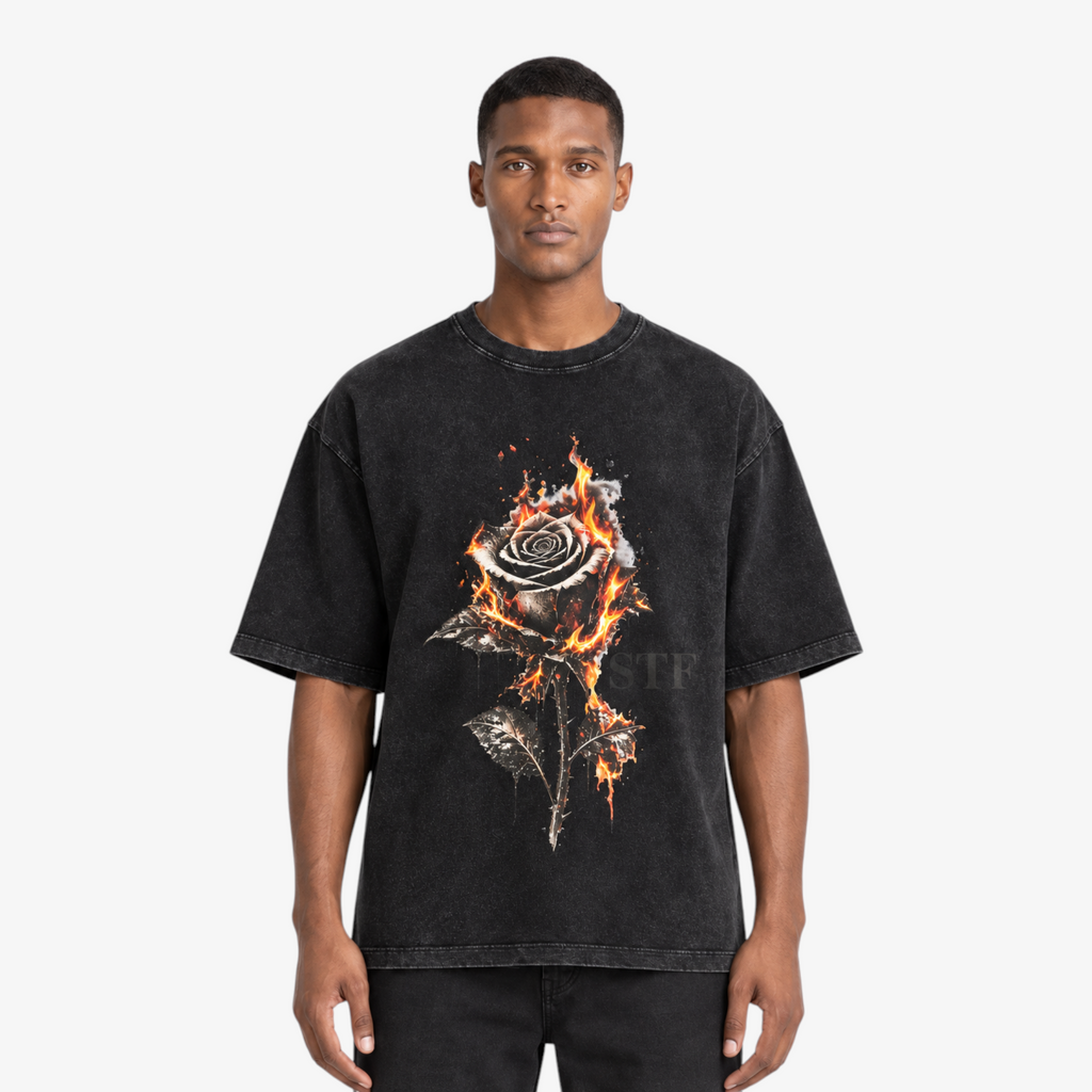 STF Burning Rose washed-black boxy oversized T-shirt — male closeup