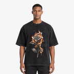 STF Burning Rose washed-black boxy oversized T-shirt — male closeup