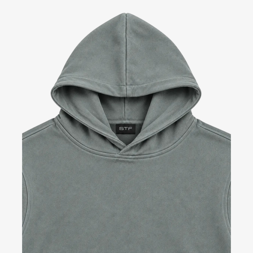 STF Mineral Grey Oversized Hoodie – hood and neck label detail