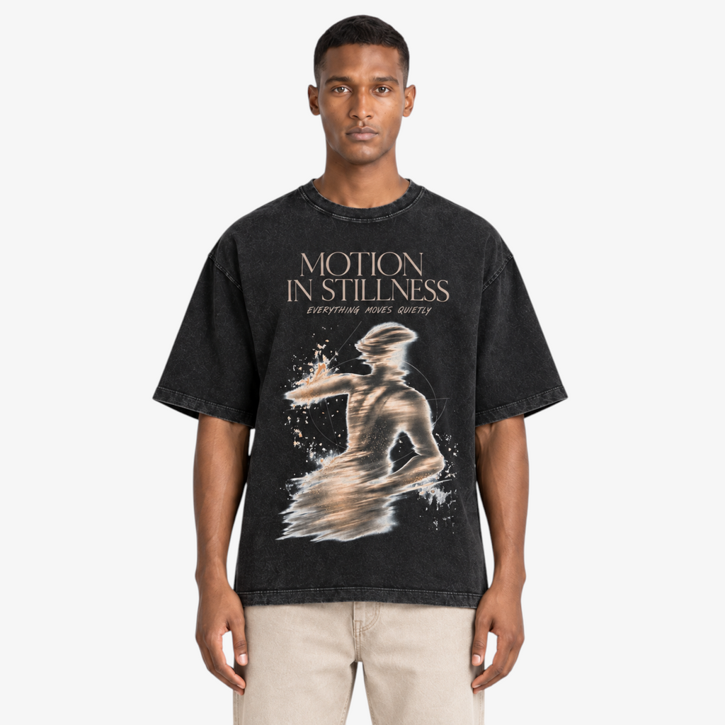 STF Motion in Stillness washed-black boxy oversized T-shirt — male closeup