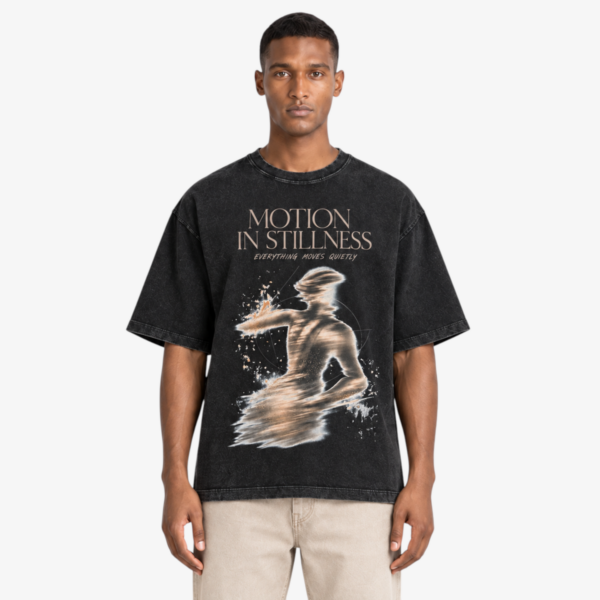 STF Motion in Stillness washed-black boxy oversized T-shirt — male closeup
