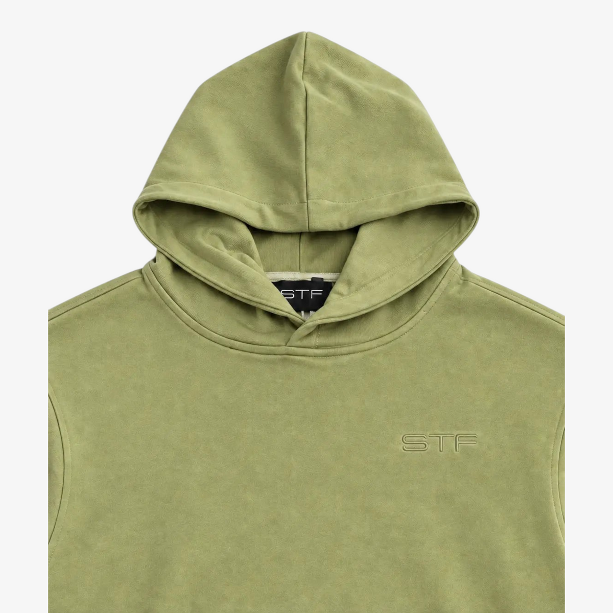 STF olive hoodie structured hood and neckline detail