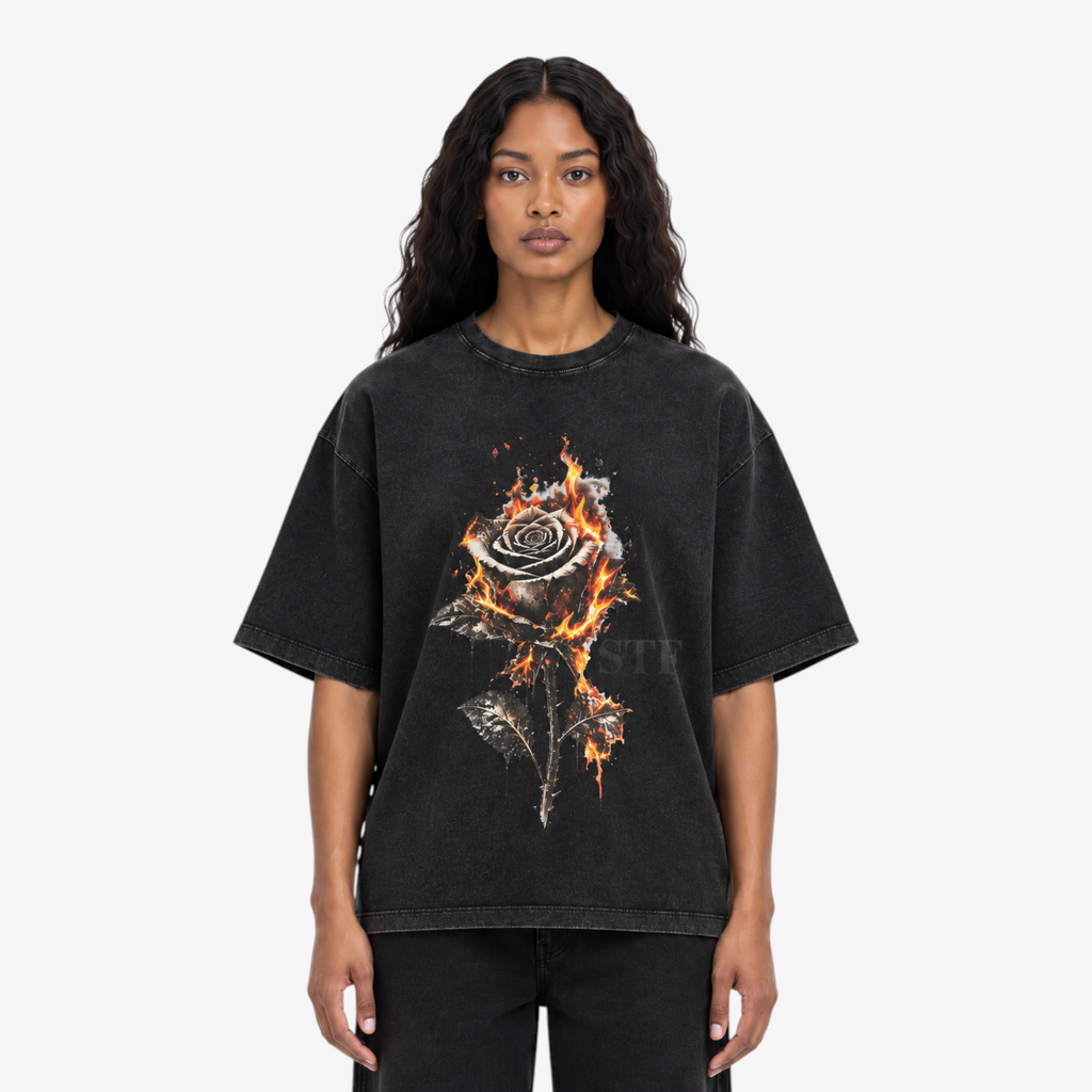 STF Burning Rose washed-black boxy oversized T-shirt — female closeup