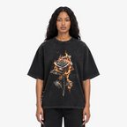 STF Burning Rose washed-black boxy oversized T-shirt — female closeup