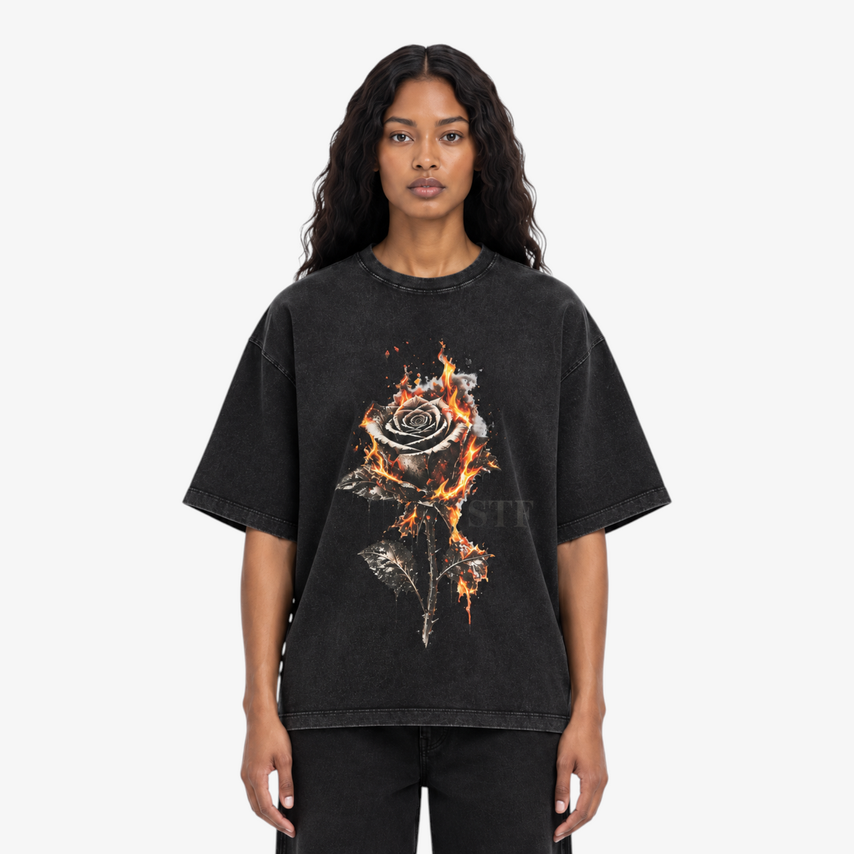 STF Burning Rose washed-black boxy oversized T-shirt — female closeup